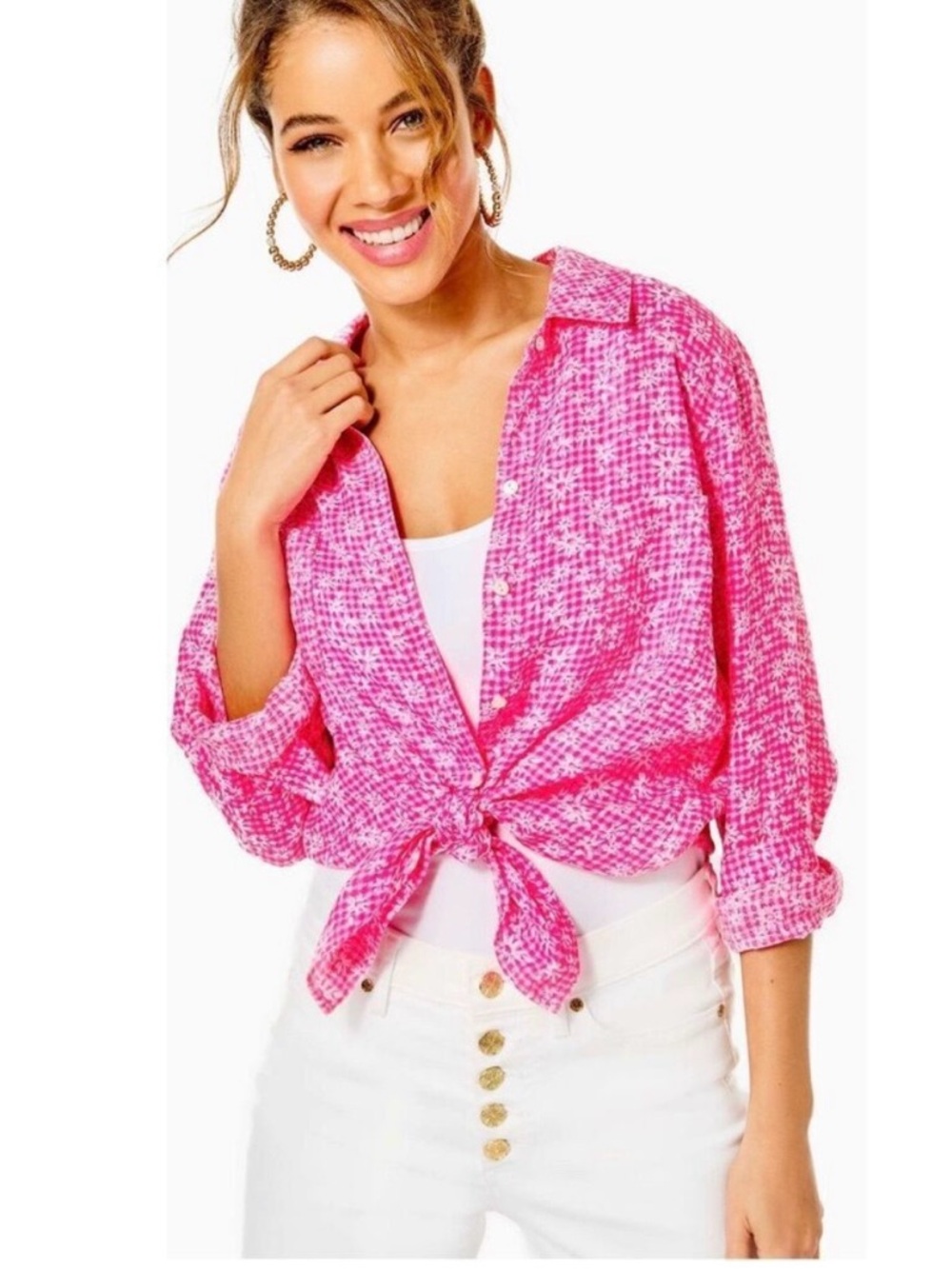 Lilly Pulitzer Sea View Pink Aura Linen Button Down Shirt Size Medium Floral